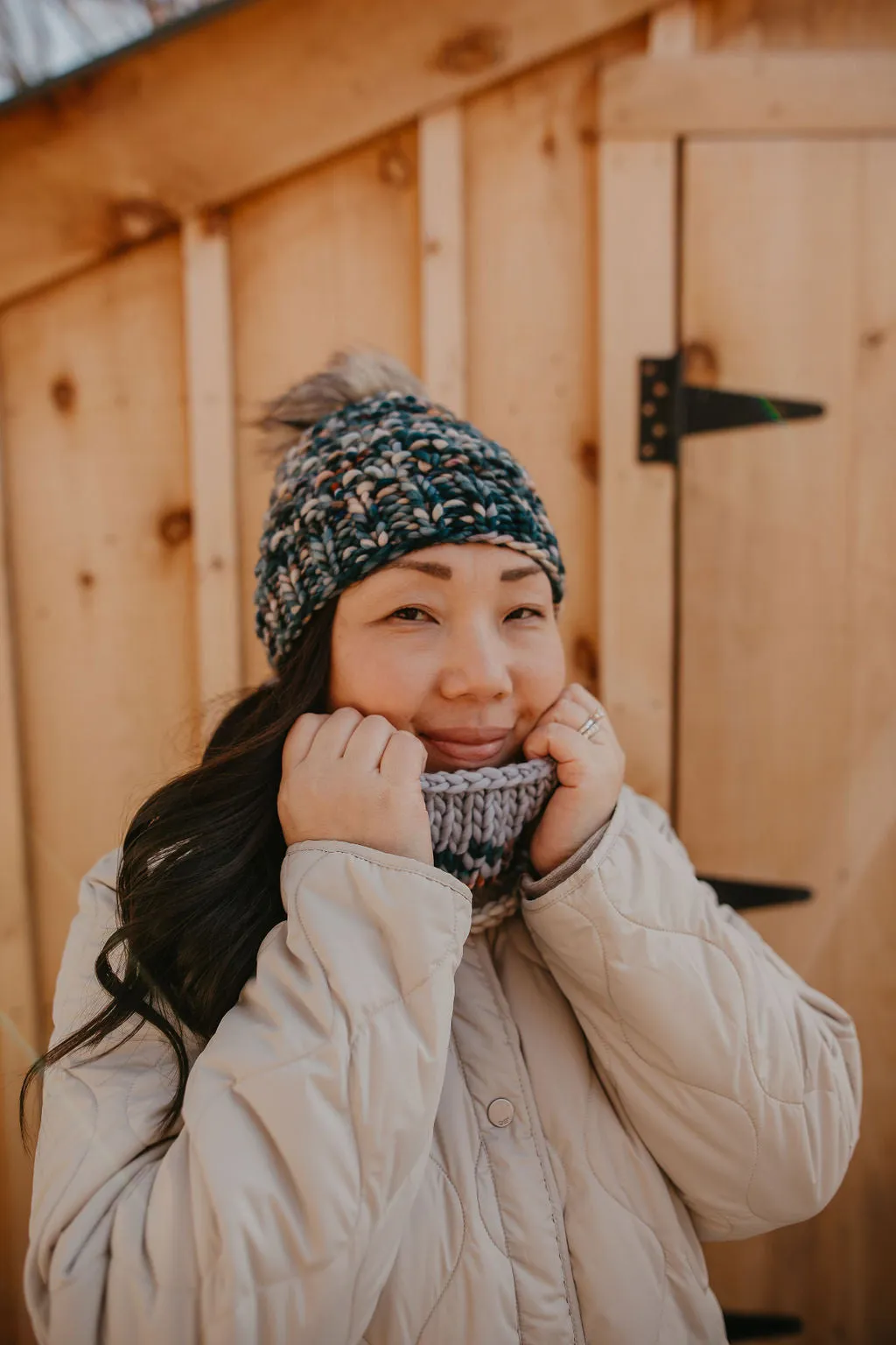 Green Speckle, Beige, and Gray Merino Wool Fair Isle Hand Knit Cowl