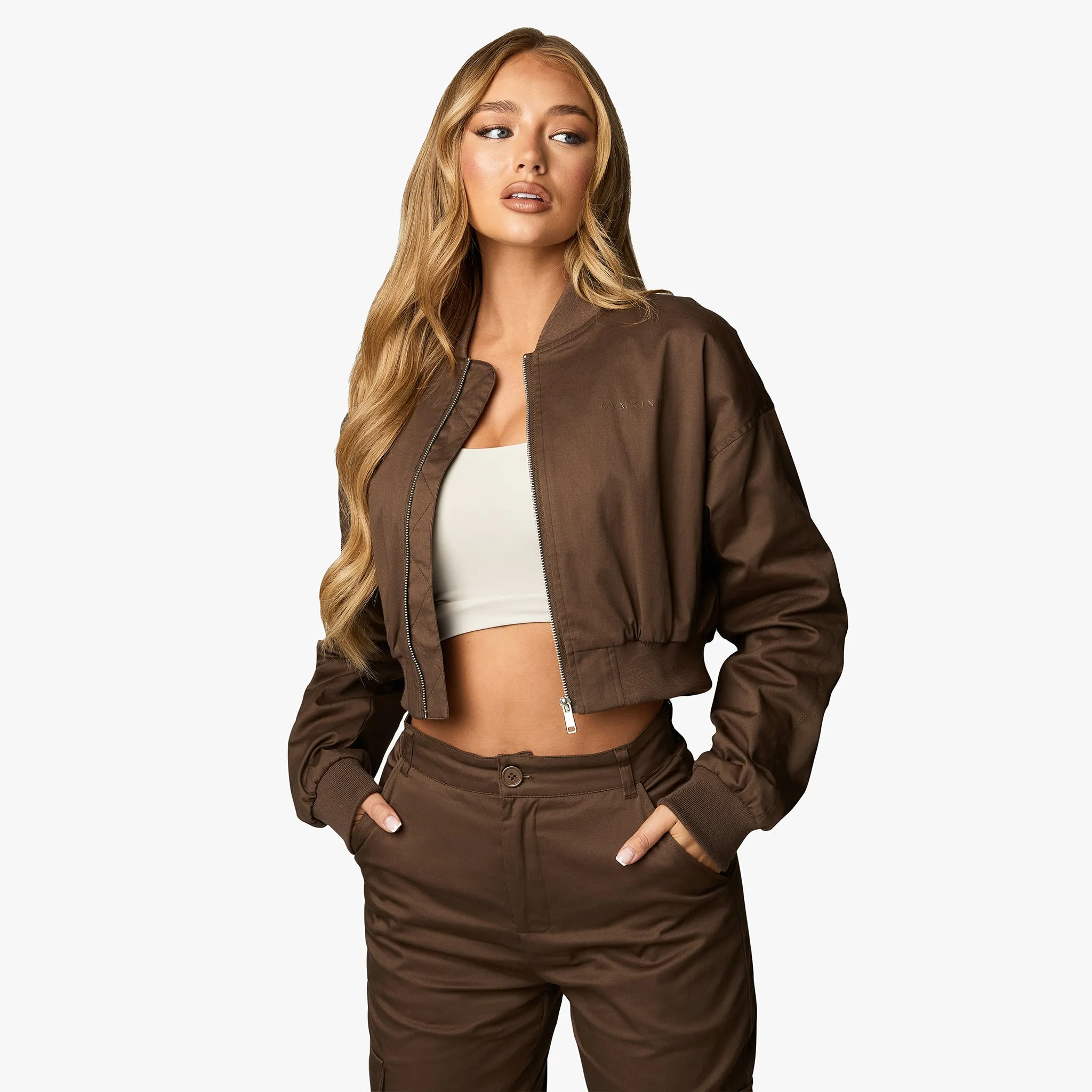 Gym King Cropped Woven Bomber - Chocolate