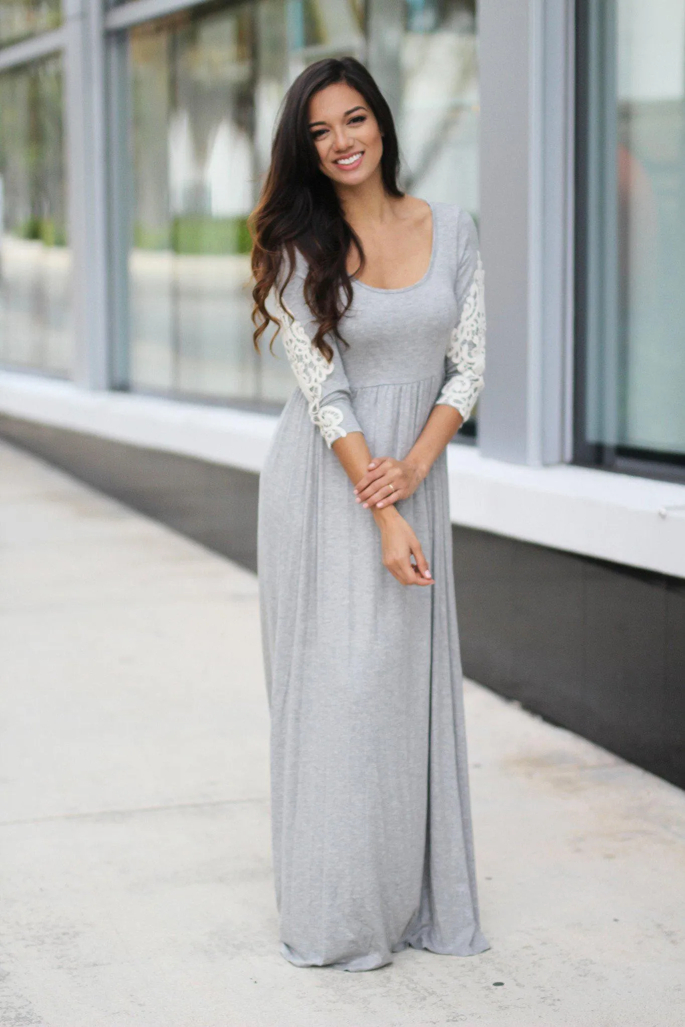 Heather Gray Maxi Dress with Crochet Sleeves