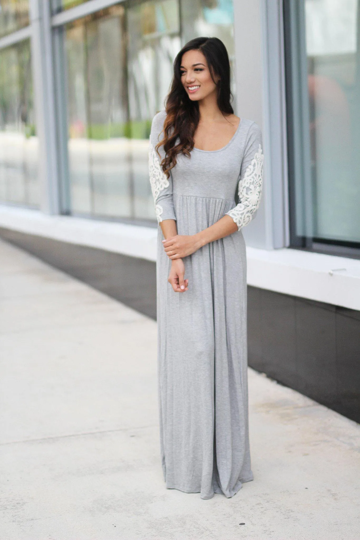 Heather Gray Maxi Dress with Crochet Sleeves