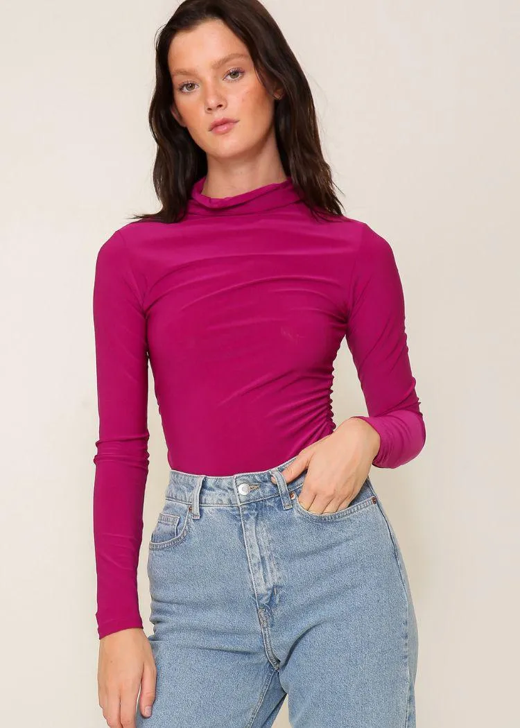 High Neck Knit Top with Side Ruched Detail- Magenta ***FINAL SALE*** |EXTRA 30% OFF|