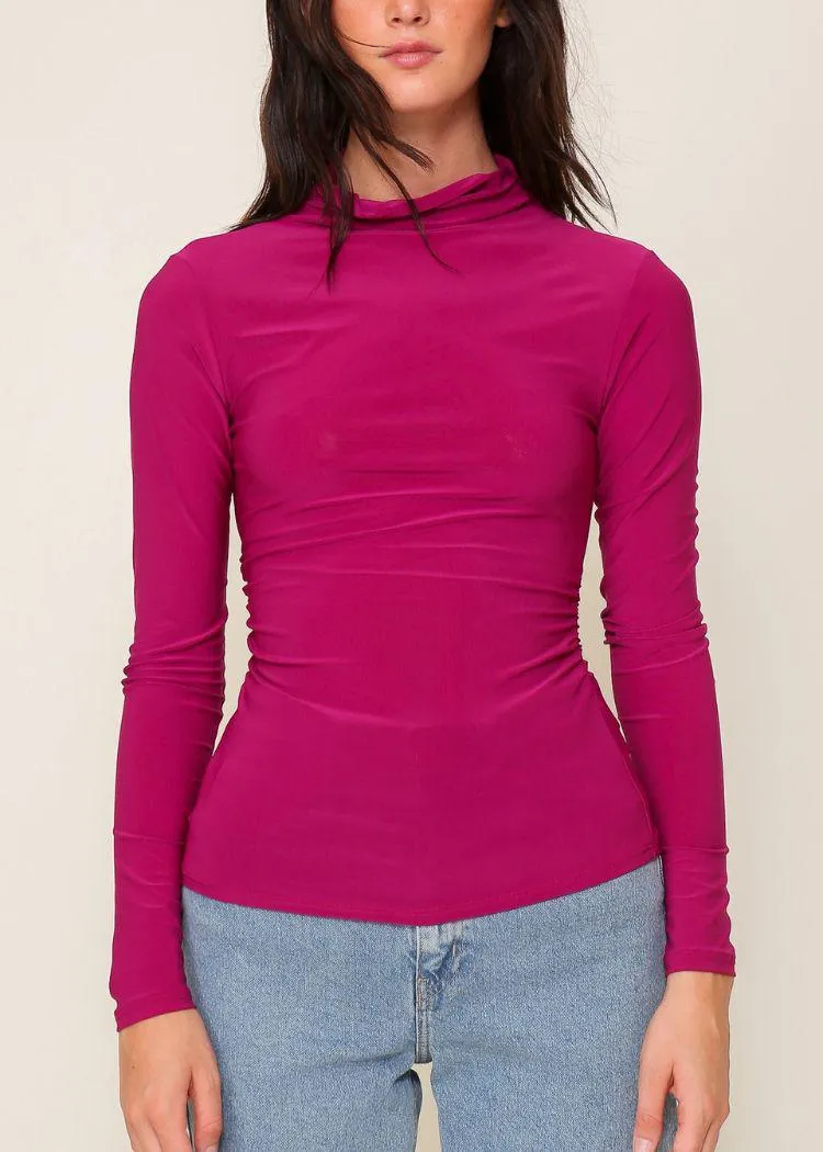 High Neck Knit Top with Side Ruched Detail- Magenta ***FINAL SALE*** |EXTRA 30% OFF|