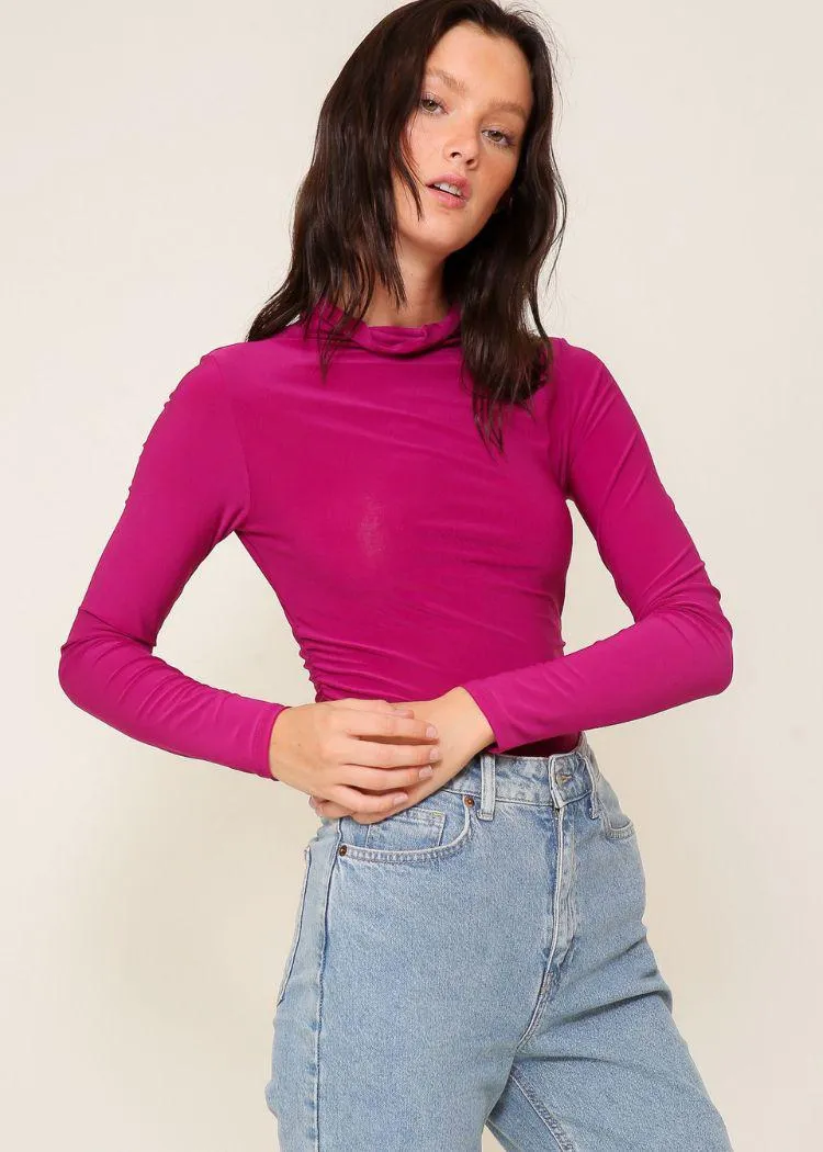 High Neck Knit Top with Side Ruched Detail- Magenta ***FINAL SALE*** |EXTRA 30% OFF|