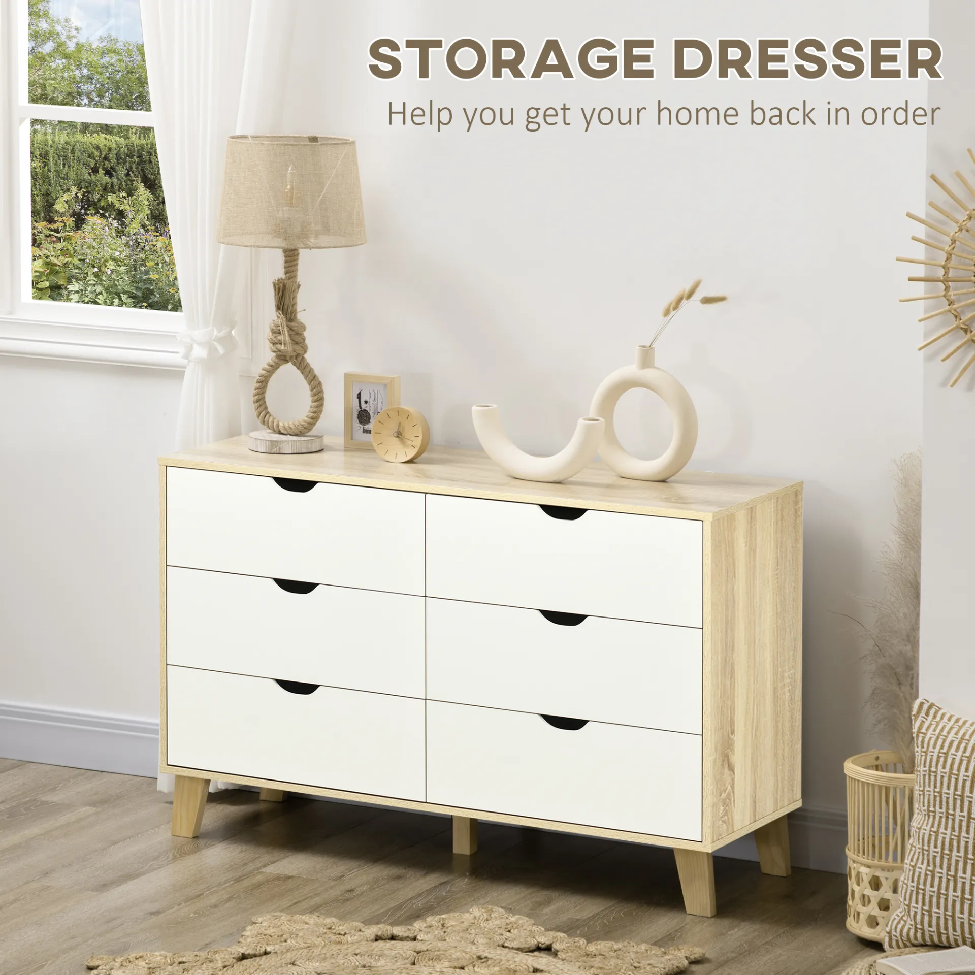 HOMCOM 6-Drawer Chest of Drawers - Sleek Scandinavian Storage Unit with Wood Legs, Ideal for Bedroom & Living Room, White & Light Brown