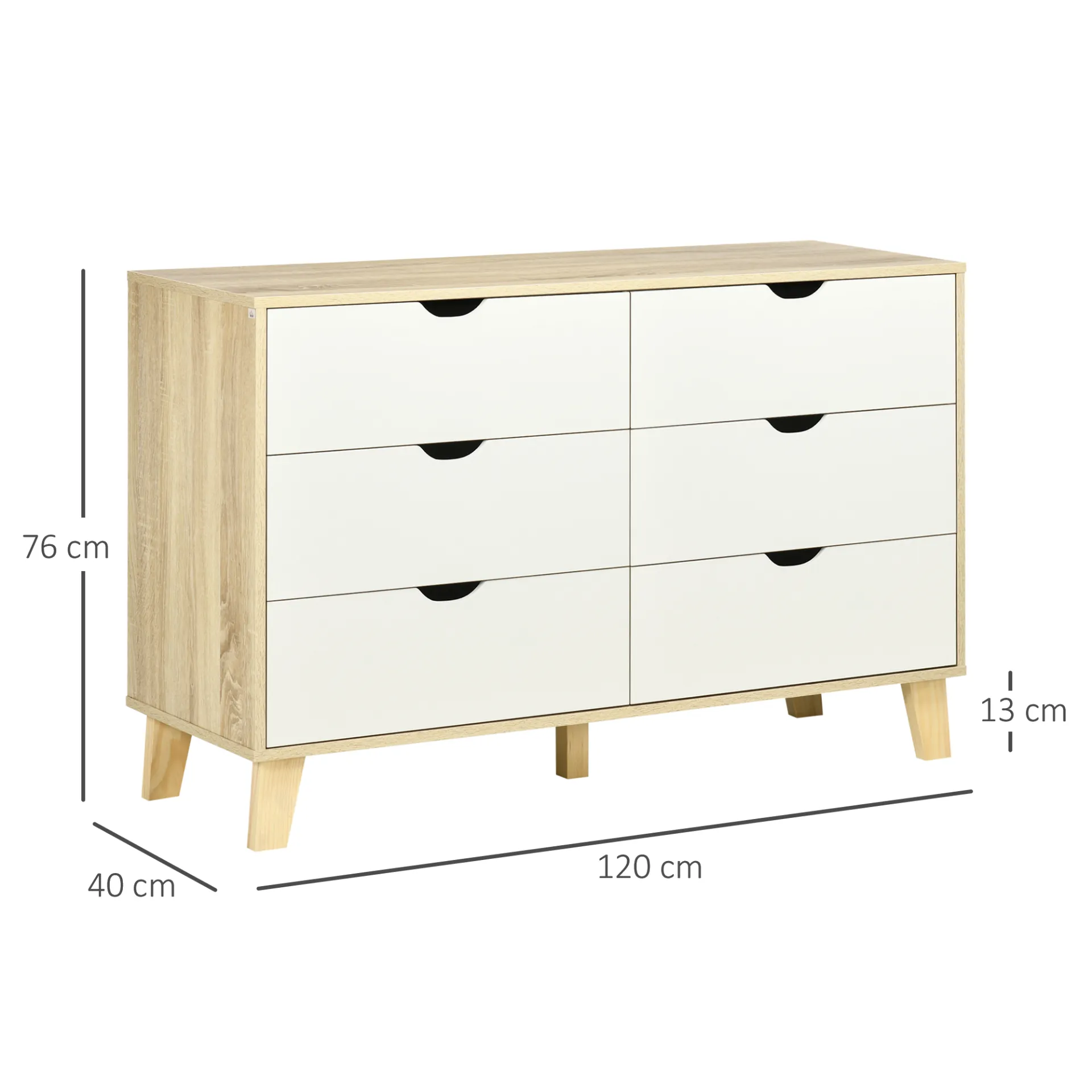 HOMCOM 6-Drawer Chest of Drawers - Sleek Scandinavian Storage Unit with Wood Legs, Ideal for Bedroom & Living Room, White & Light Brown