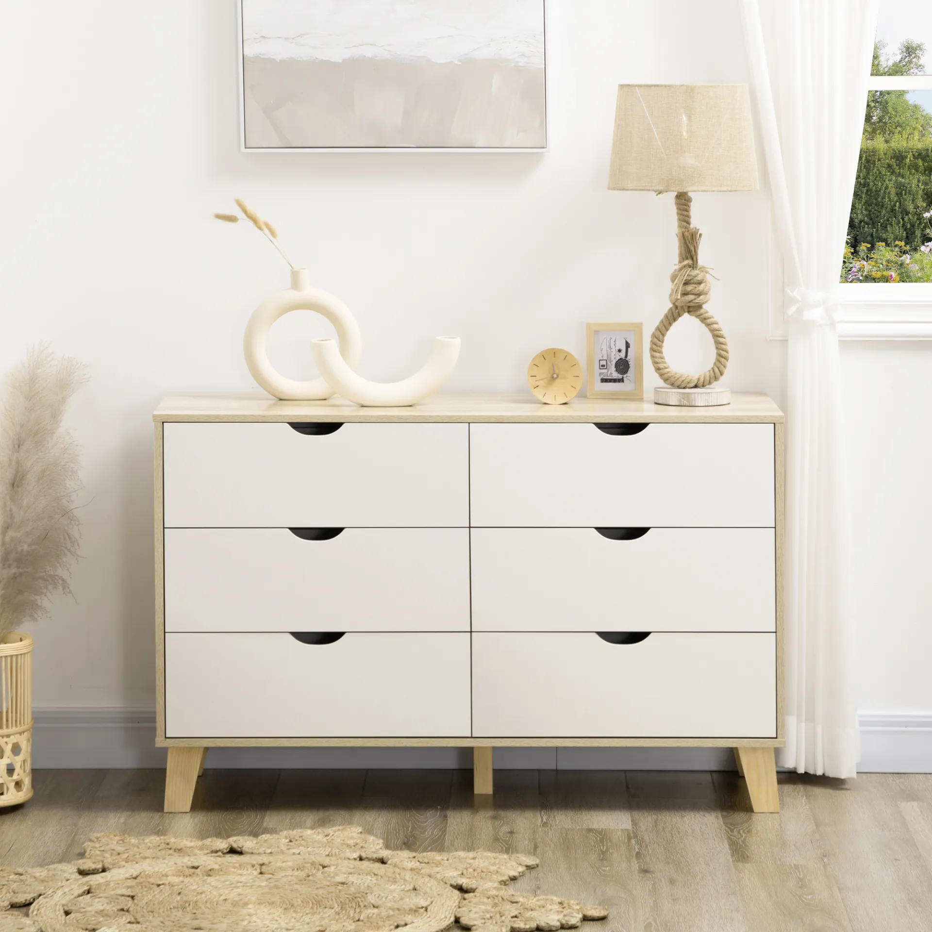 HOMCOM 6-Drawer Chest of Drawers - Sleek Scandinavian Storage Unit with Wood Legs, Ideal for Bedroom & Living Room, White & Light Brown