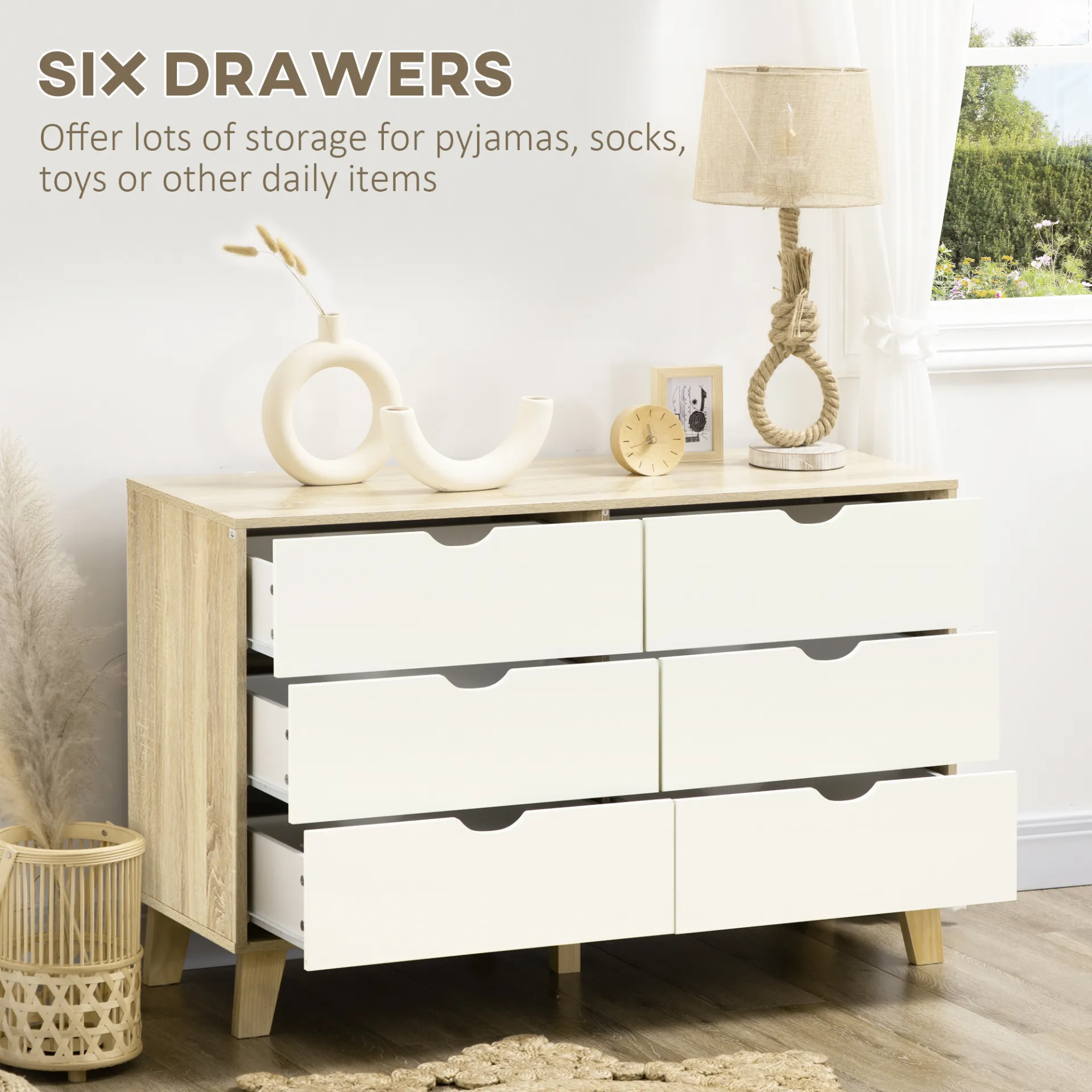 HOMCOM 6-Drawer Chest of Drawers - Sleek Scandinavian Storage Unit with Wood Legs, Ideal for Bedroom & Living Room, White & Light Brown