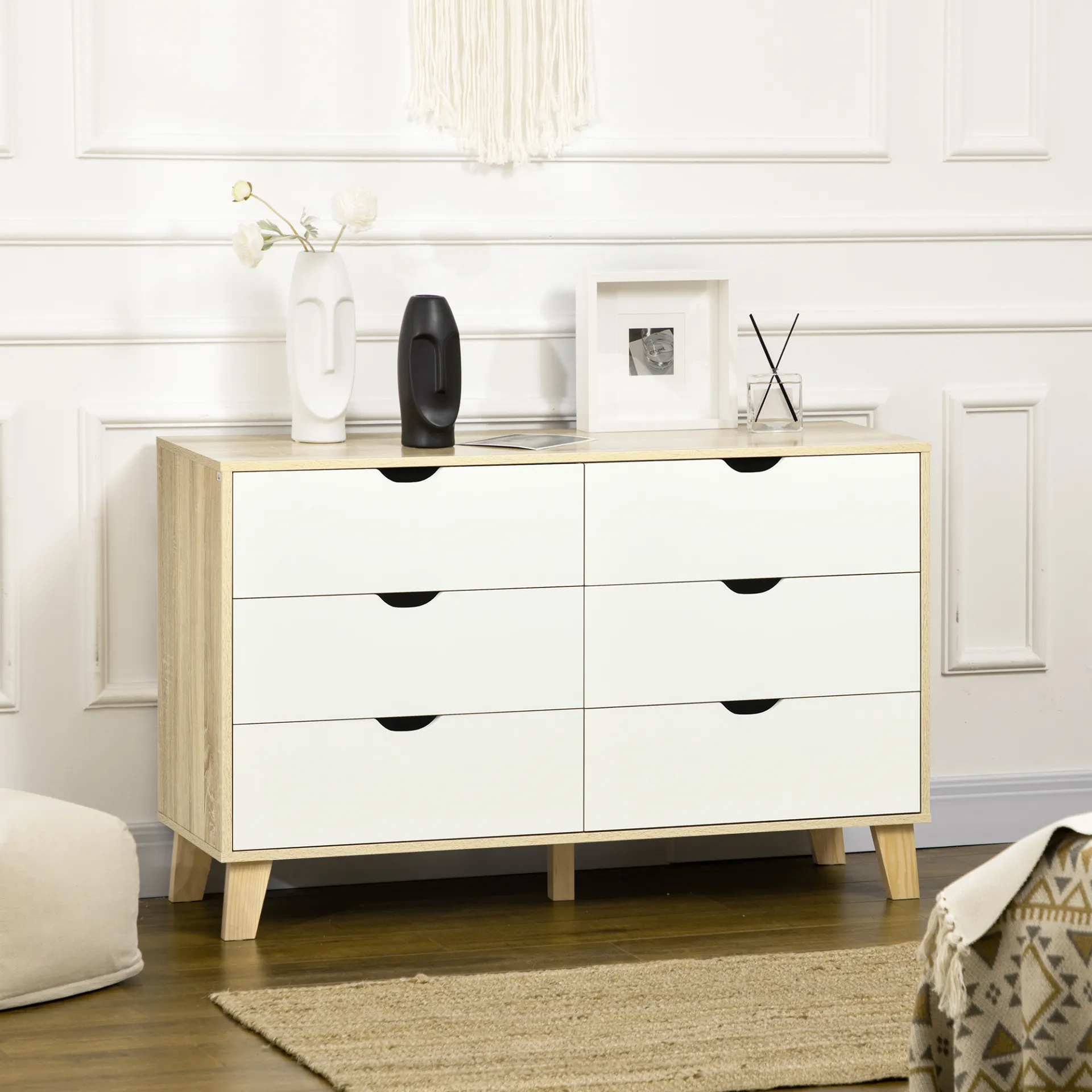 HOMCOM 6-Drawer Chest of Drawers - Sleek Scandinavian Storage Unit with Wood Legs, Ideal for Bedroom & Living Room, White & Light Brown