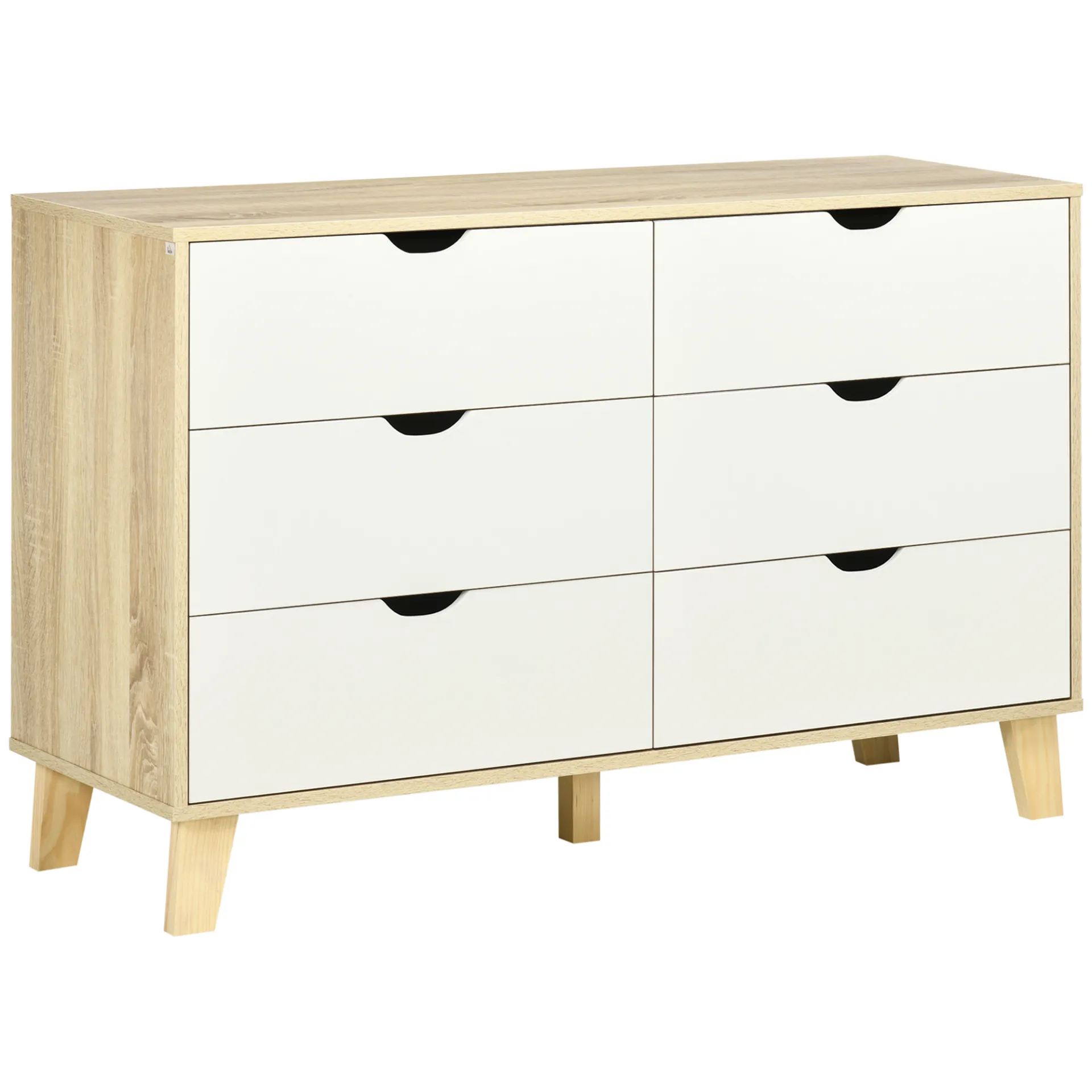 HOMCOM 6-Drawer Chest of Drawers - Sleek Scandinavian Storage Unit with Wood Legs, Ideal for Bedroom & Living Room, White & Light Brown