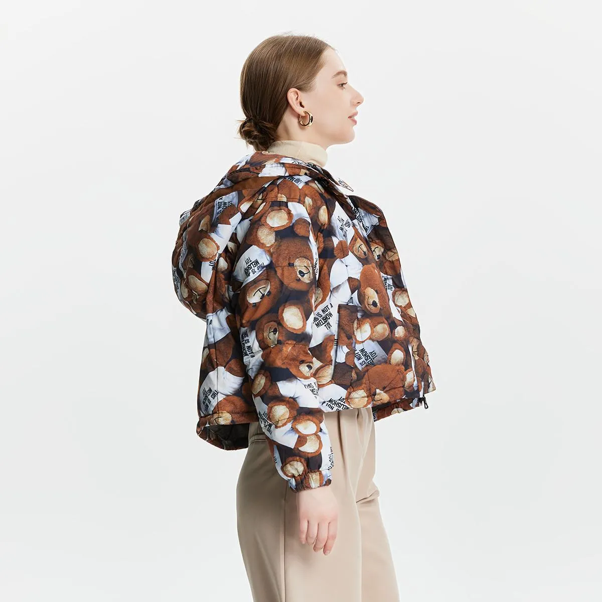 Hooded Cropped Teddy-Print Thickened Down Jacket