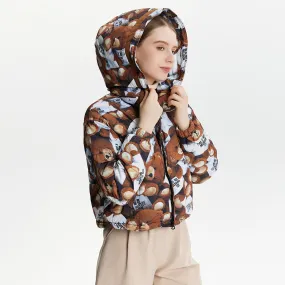 Hooded Cropped Teddy-Print Thickened Down Jacket