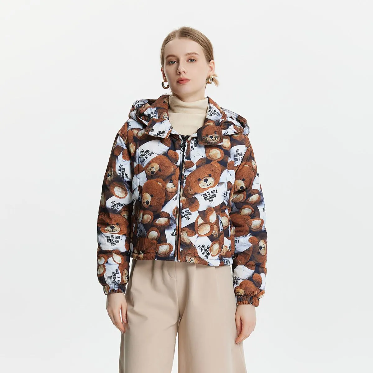 Hooded Cropped Teddy-Print Thickened Down Jacket