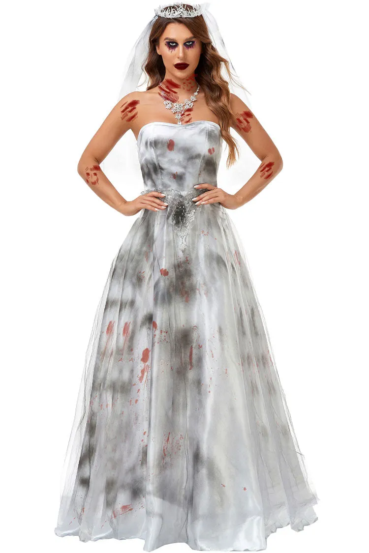 Incredible Zombie Bride Halloween Tie Dye Mesh Satin Strapless Maxi Dress - White