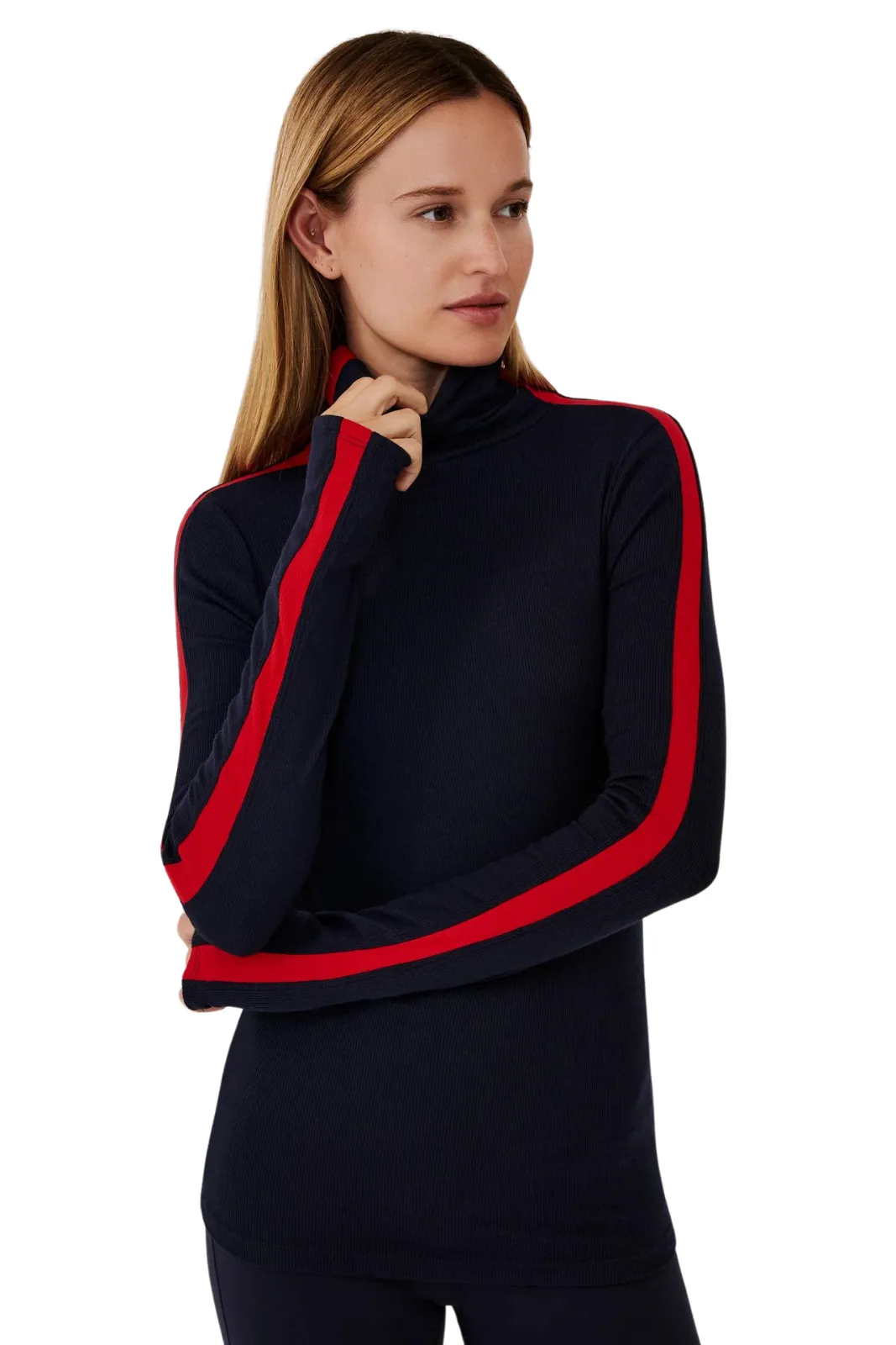 Jackson Rib Full Length Turtleneck, Indigo/Pirate Red