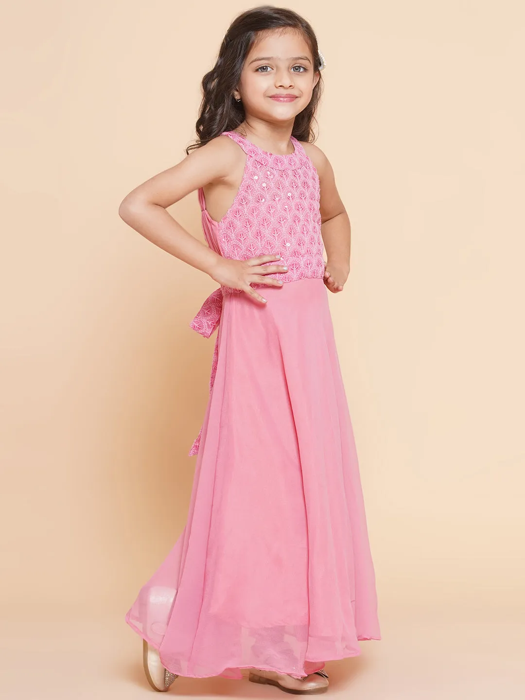 Jashvi Girls Pink Embroidered Sequence Yoke Fit & Flared Maxi Dress.