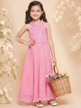 Jashvi Girls Pink Embroidered Sequence Yoke Fit & Flared Maxi Dress.