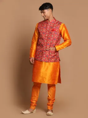 Jashvi Maroon Patola Print Nehru Jacket With Orange kurta Pyjama Set