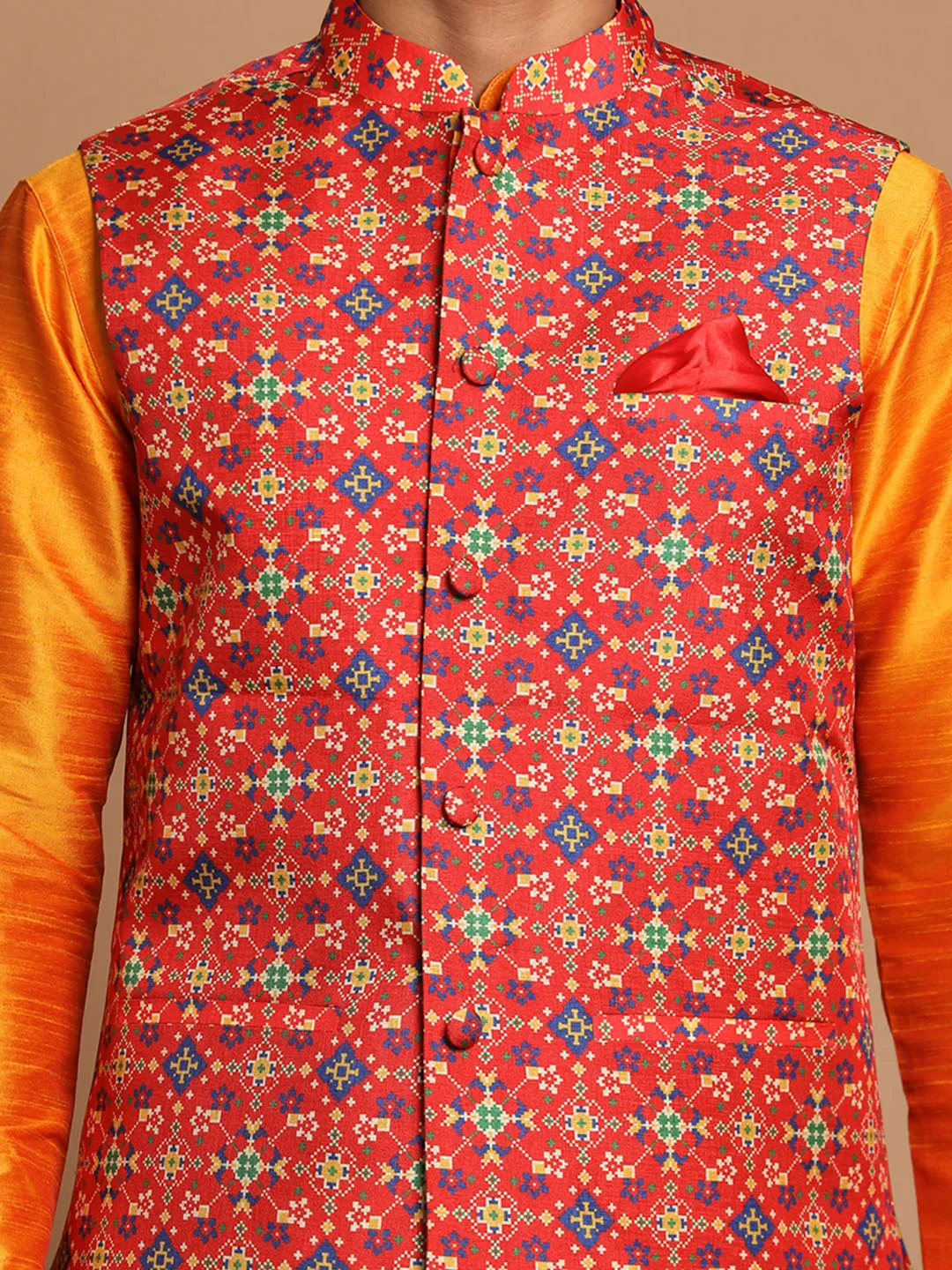 Jashvi Maroon Patola Print Nehru Jacket With Orange kurta Pyjama Set