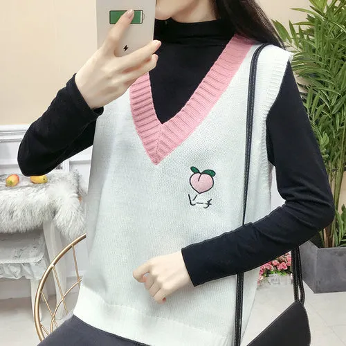 Kawaii V-neck college style knitted woolen vest knitwear embroidery fruit sweater strawberry melon banana