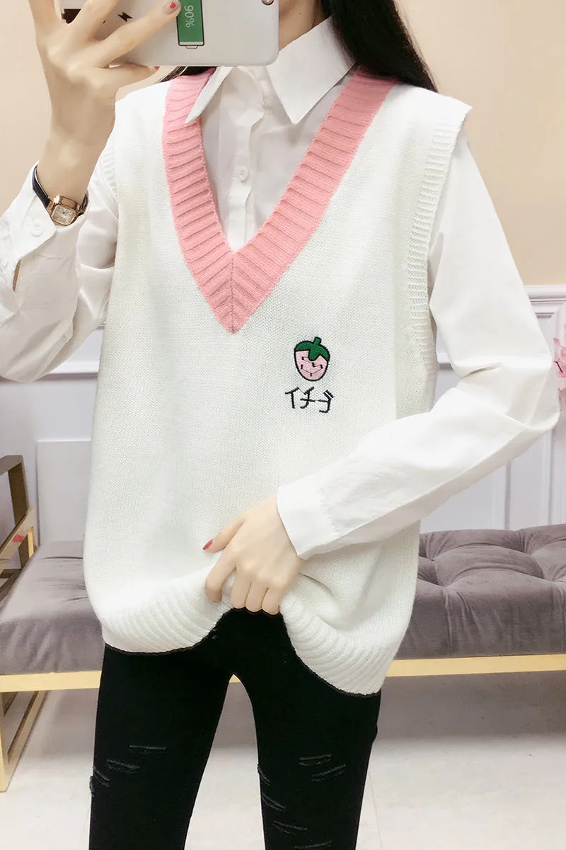 Kawaii V-neck college style knitted woolen vest knitwear embroidery fruit sweater strawberry melon banana