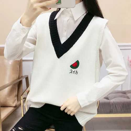 Kawaii V-neck college style knitted woolen vest knitwear embroidery fruit sweater strawberry melon banana