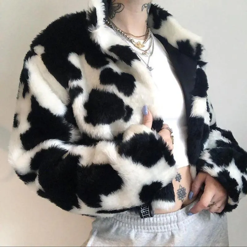 Korean Aesthetic Cow Print Plush Cropped Jacket