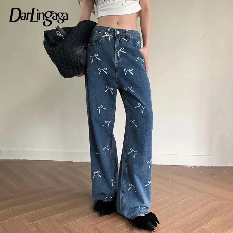 Korean Fashion Bow Pattern Printed Women Jeans Low Waisted Straight Leg Denim Trousers Cute Sweet Harajuku Sweatpants