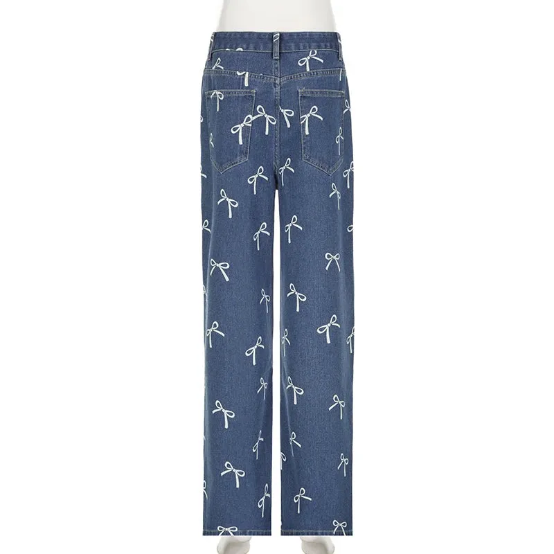 Korean Fashion Bow Pattern Printed Women Jeans Low Waisted Straight Leg Denim Trousers Cute Sweet Harajuku Sweatpants