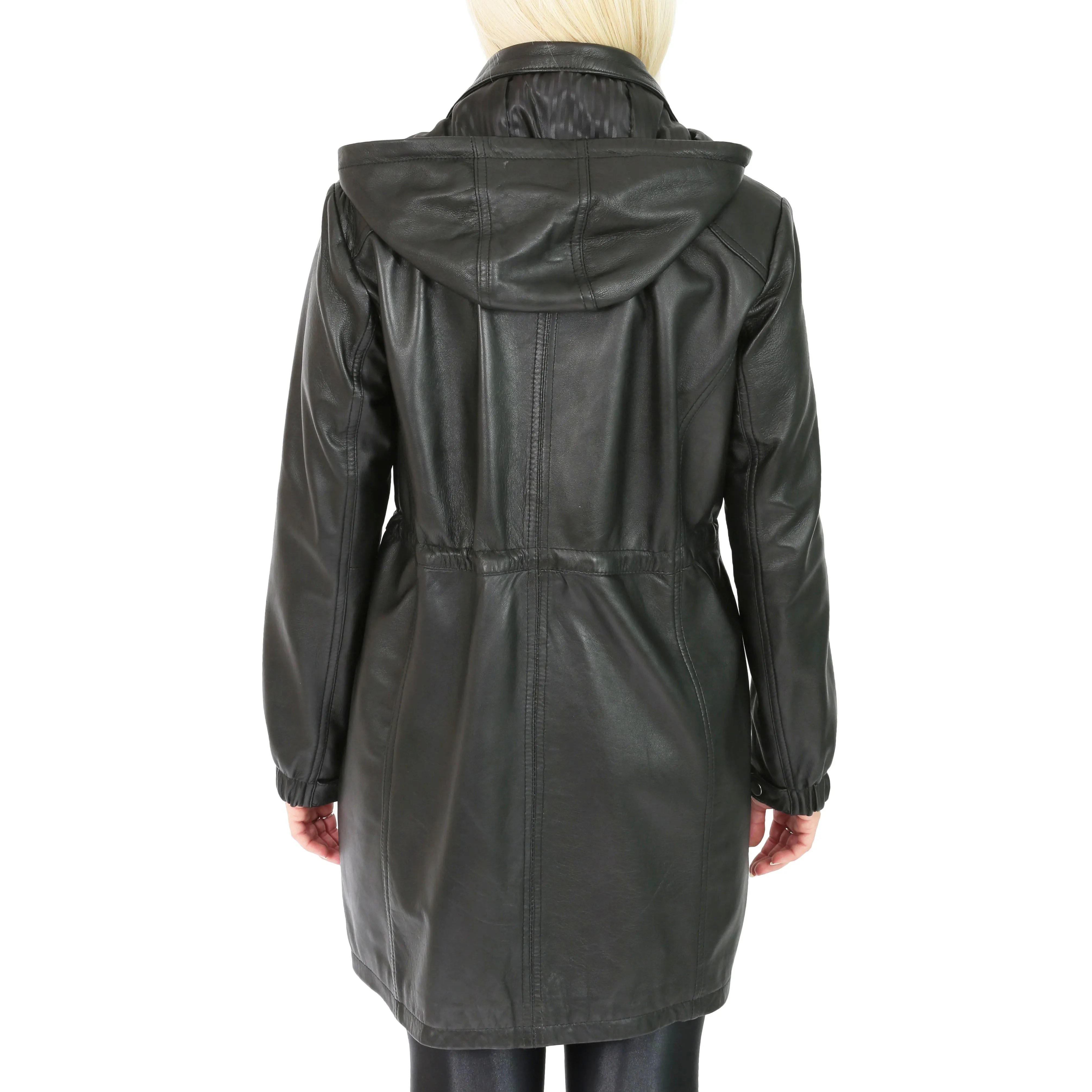 Ladies Duffle Leather Coat 3/4 Long Detachable Hood Classic Parka Jacket Liza Black