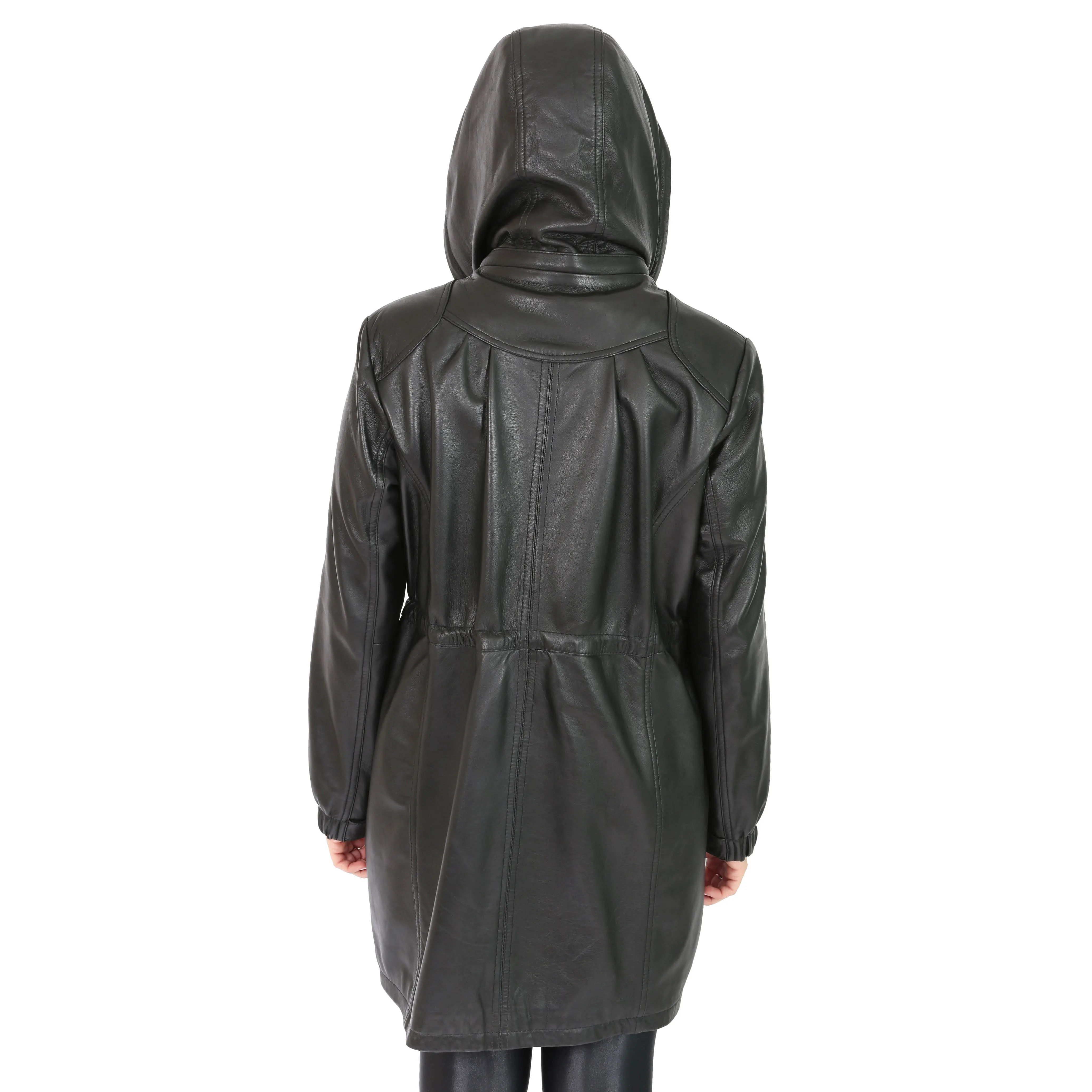 Ladies Duffle Leather Coat 3/4 Long Detachable Hood Classic Parka Jacket Liza Black