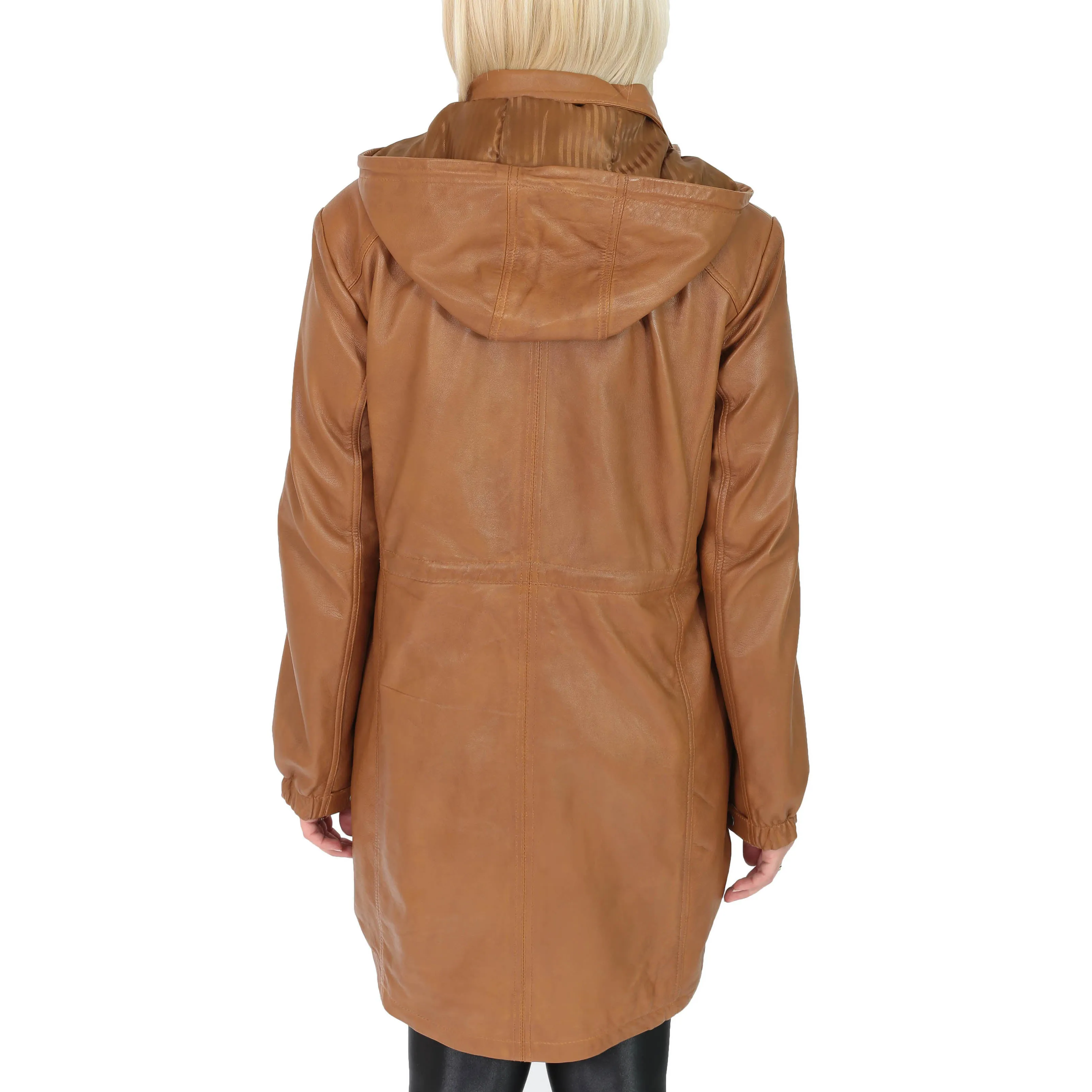 Ladies Duffle Leather Coat 3/4 Long Detachable Hood Classic Parka Jacket Liza Tan