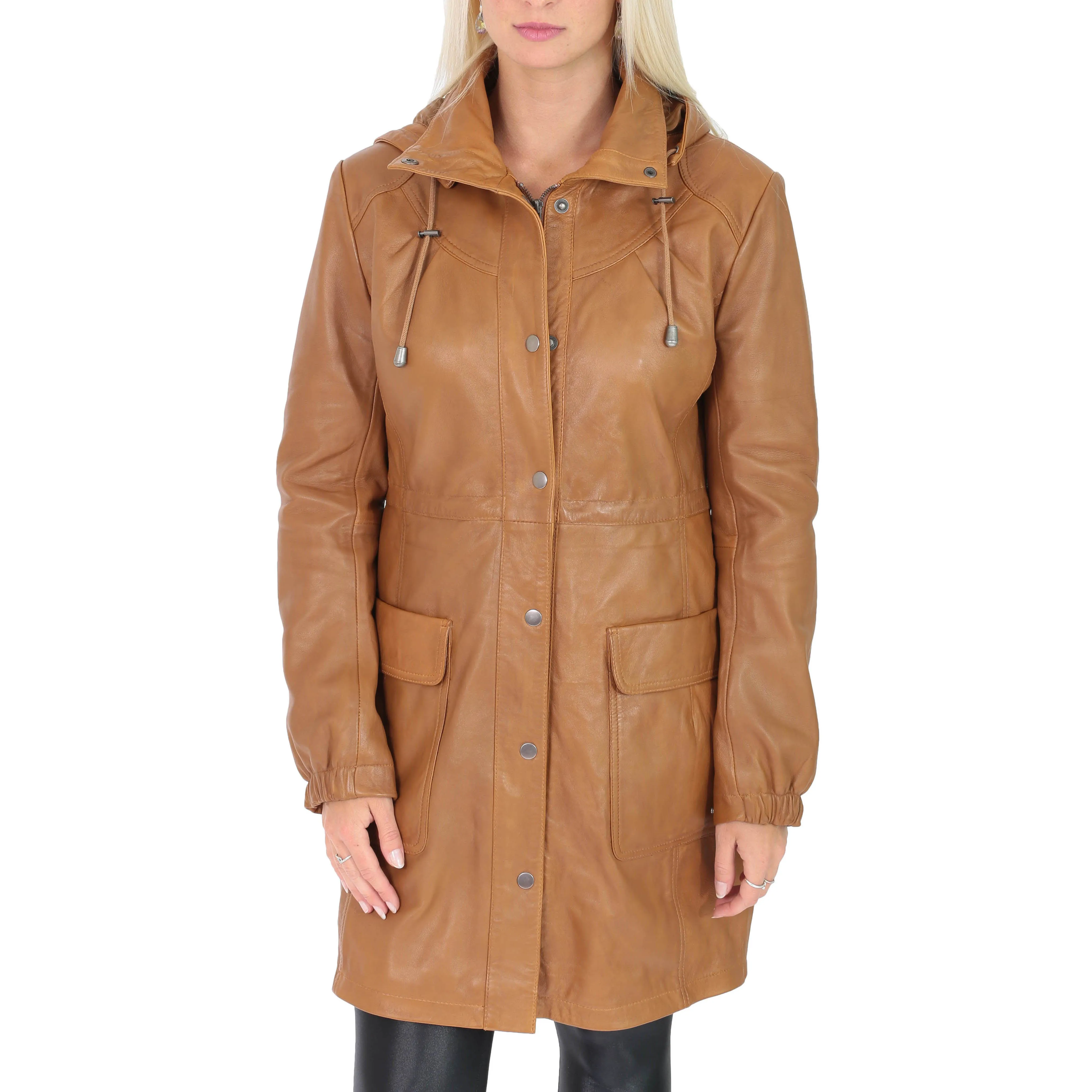 Ladies Duffle Leather Coat 3/4 Long Detachable Hood Classic Parka Jacket Liza Tan