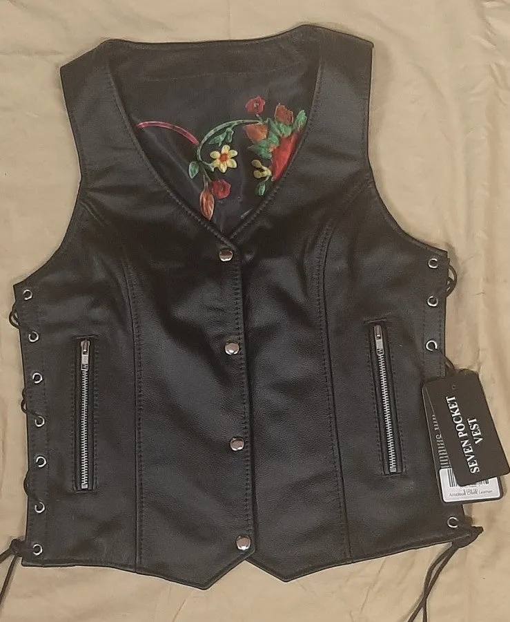 Ladies Leather Vest with Heart and Floral Detail on Liner 264