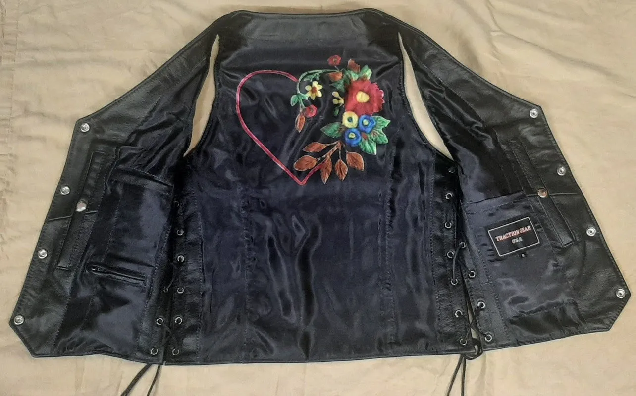 Ladies Leather Vest with Heart and Floral Detail on Liner 264