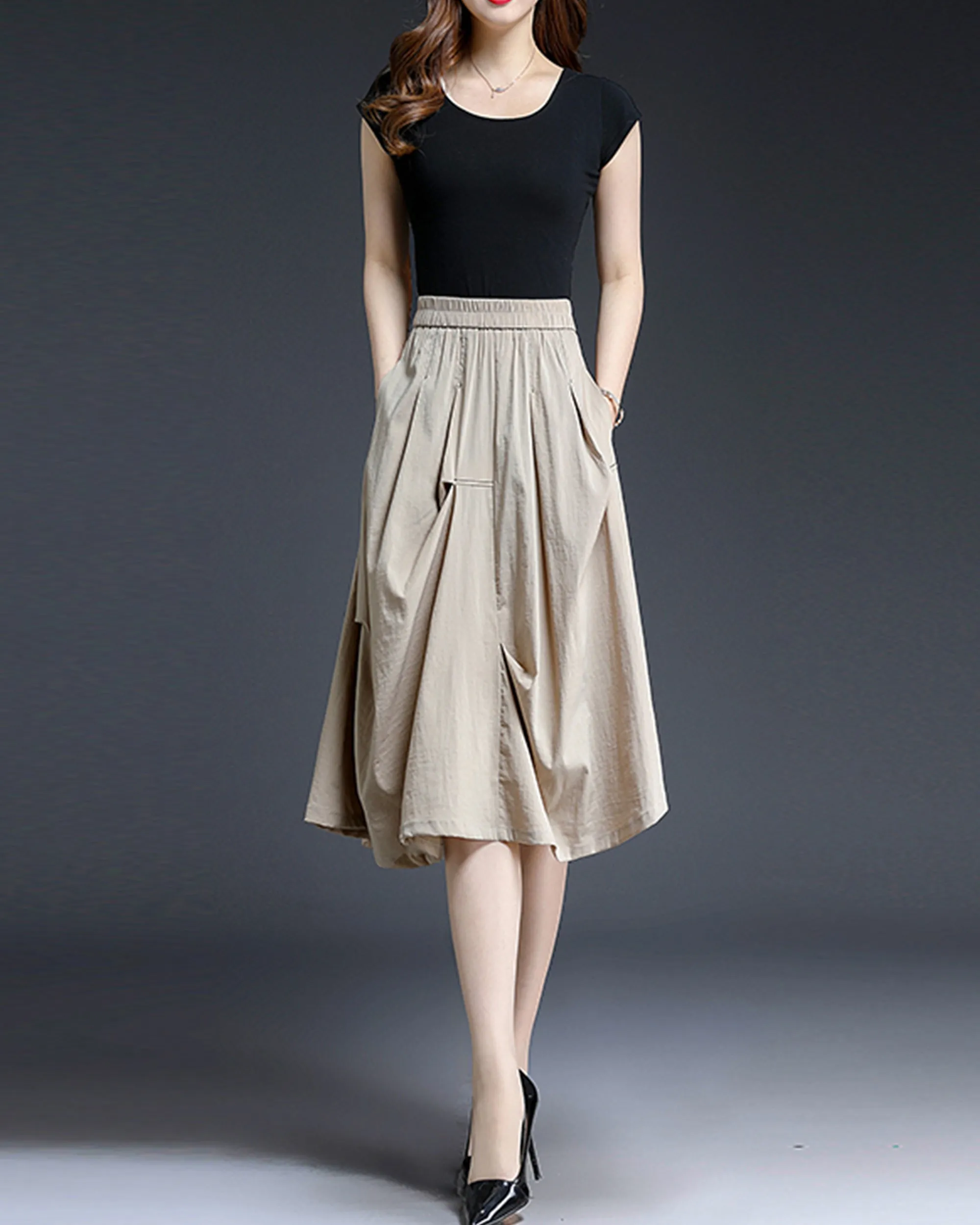 Linen skirt/Midi skirt/A-line skirt/summer skirt/elastic waist skirt/high waist skirt/skirt with pockets Z0055