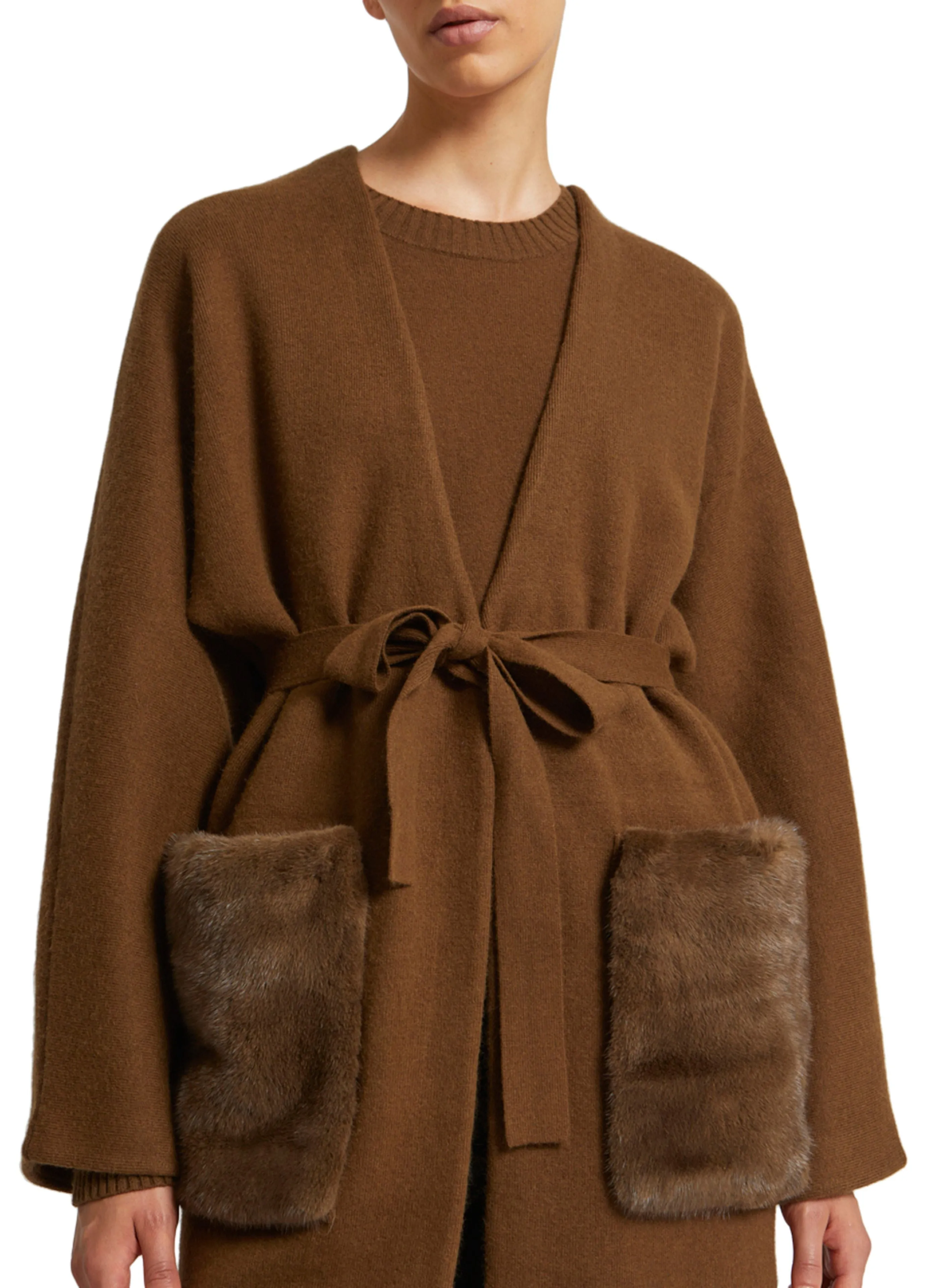 Long knit cardigan with mink fur over-pockets