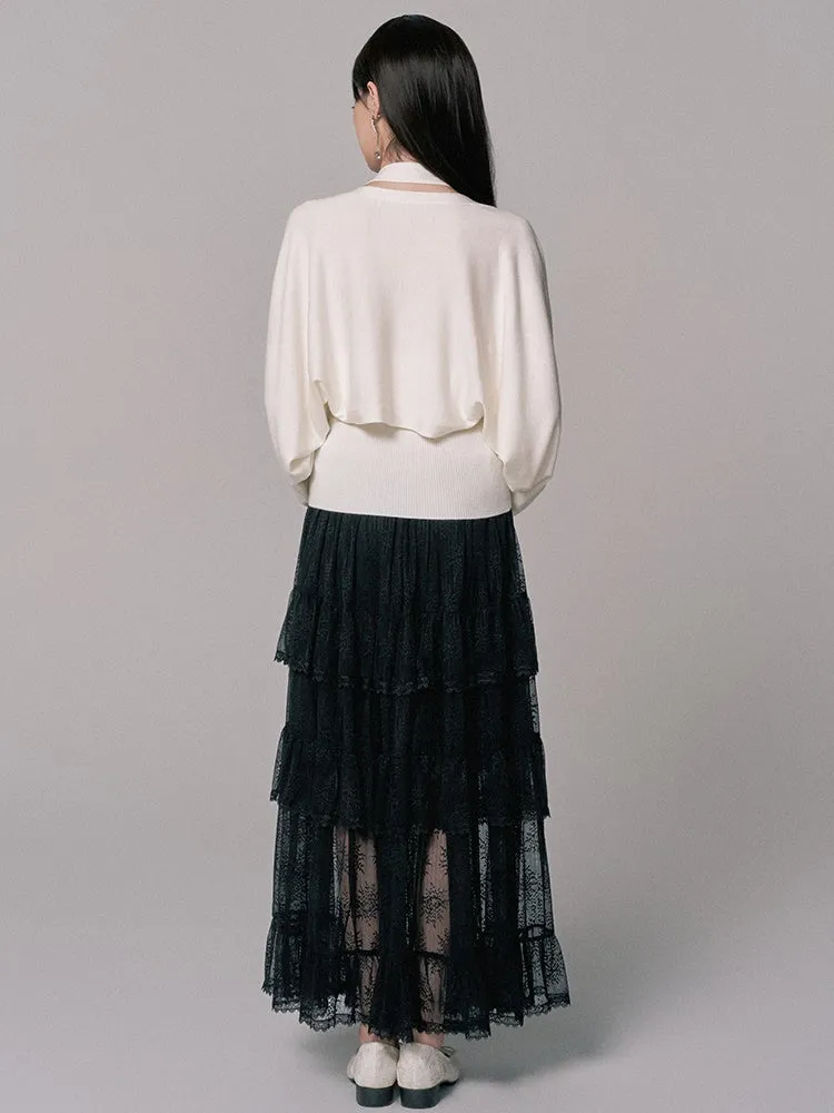 Long Lace See-Through Flare High-Waist Tiered-Skirt