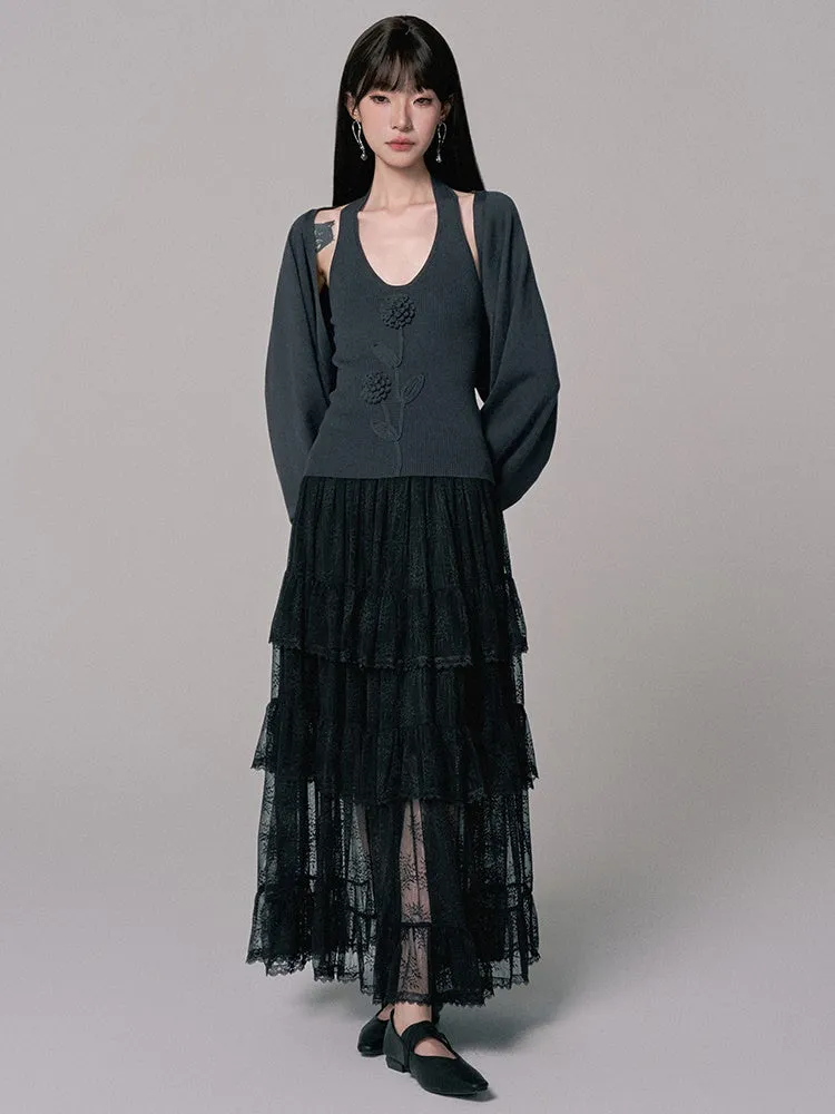 Long Lace See-Through Flare High-Waist Tiered-Skirt