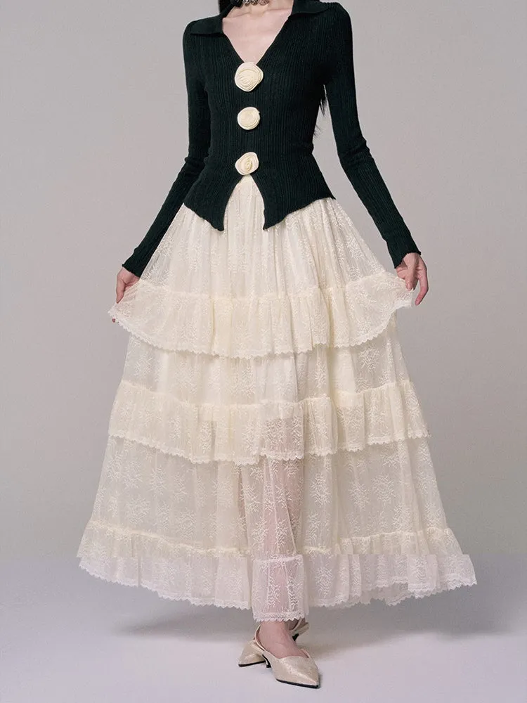 Long Lace See-Through Flare High-Waist Tiered-Skirt