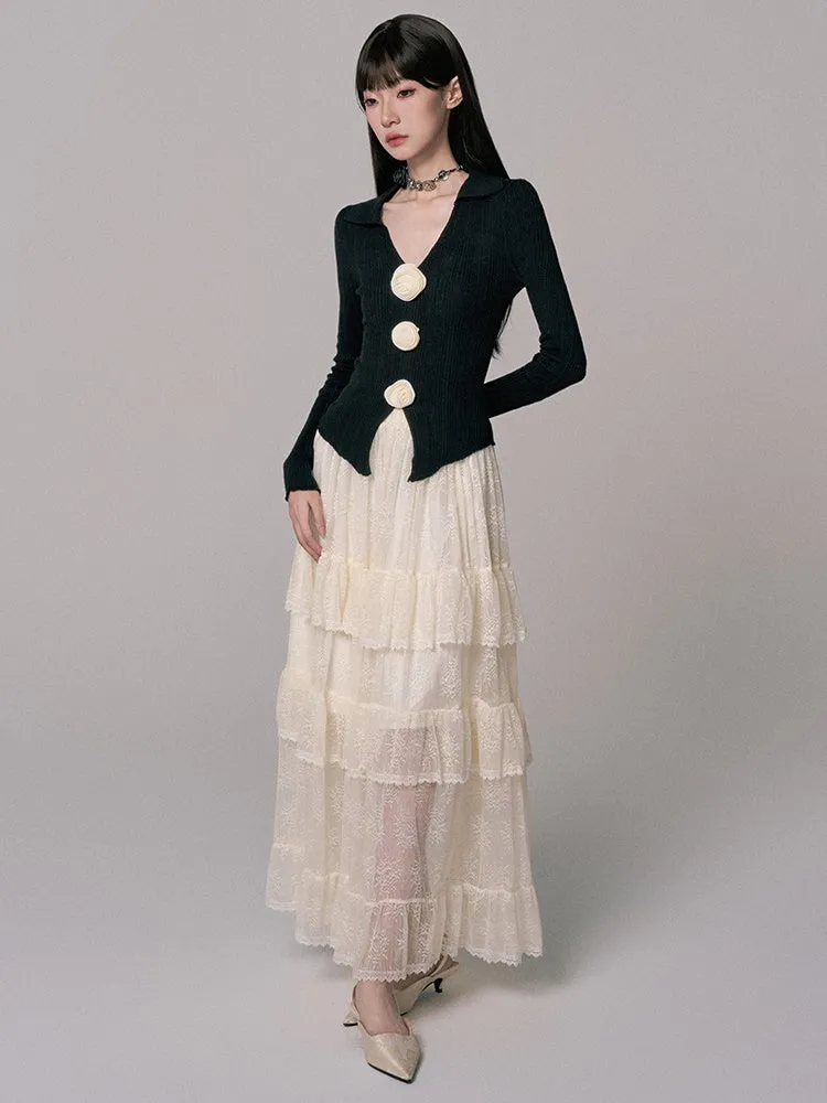 Long Lace See-Through Flare High-Waist Tiered-Skirt