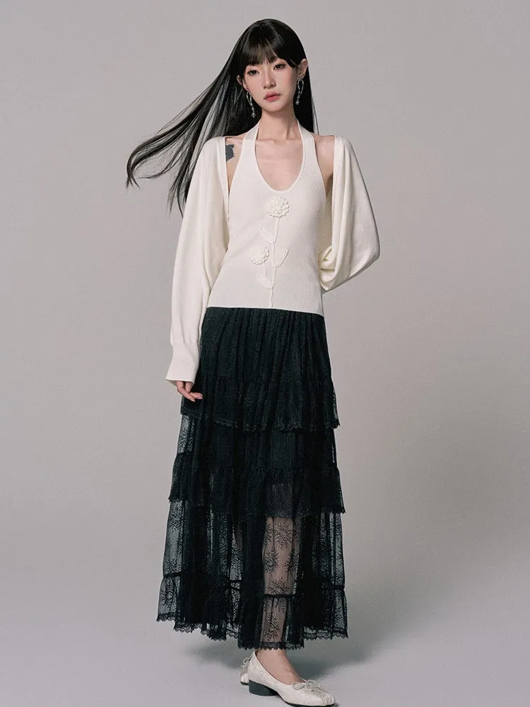 Long Lace See-Through Flare High-Waist Tiered-Skirt