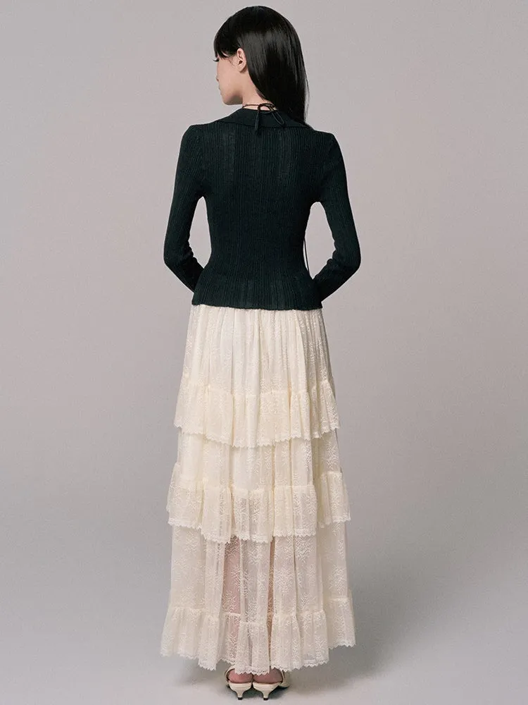 Long Lace See-Through Flare High-Waist Tiered-Skirt