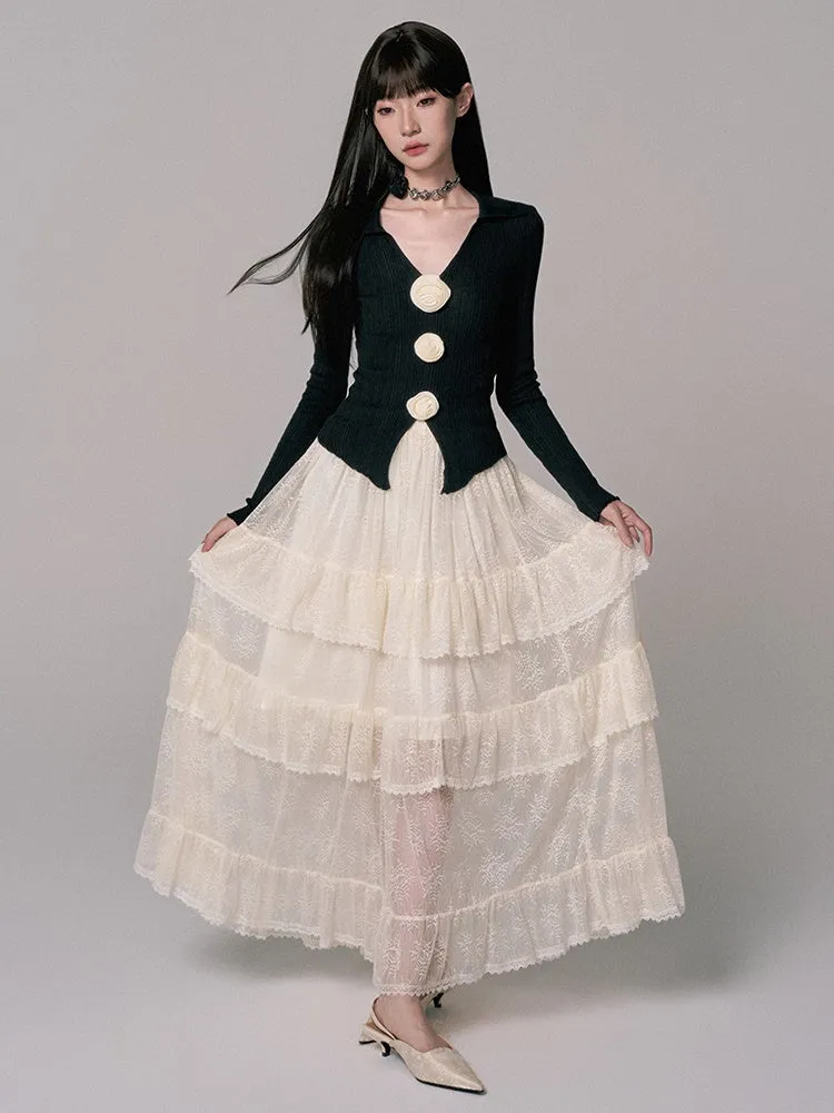 Long Lace See-Through Flare High-Waist Tiered-Skirt