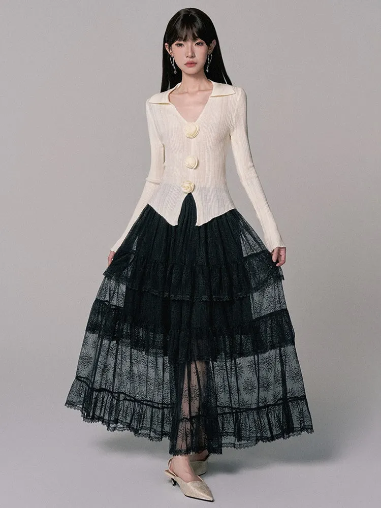 Long Lace See-Through Flare High-Waist Tiered-Skirt