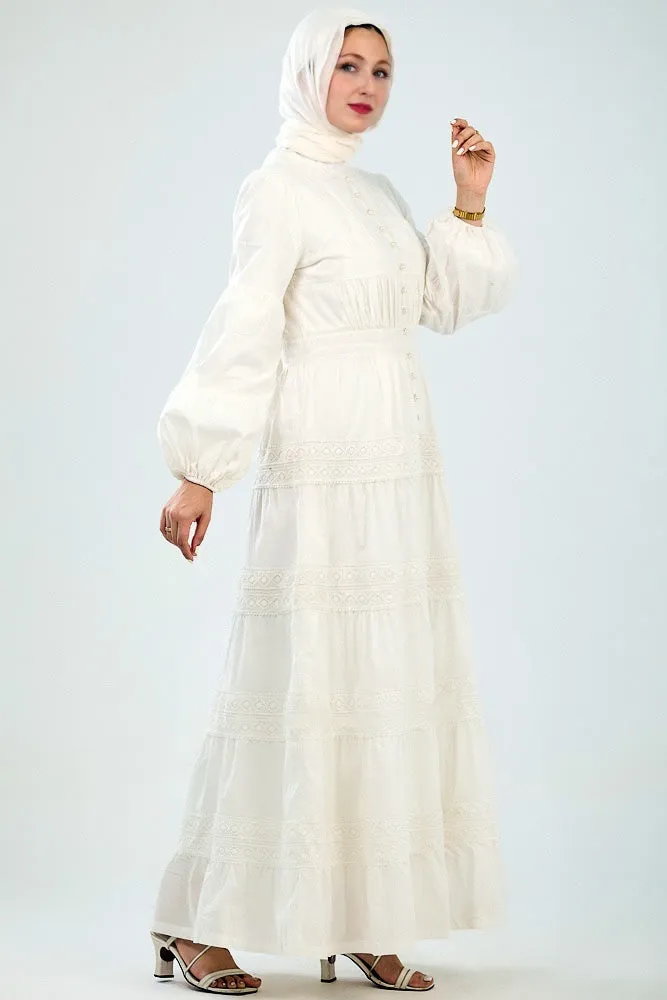 Manisa Long Sleeve Boho Maxi Dress with Delicate Mock Buttons and Lace Detail Skirt in White