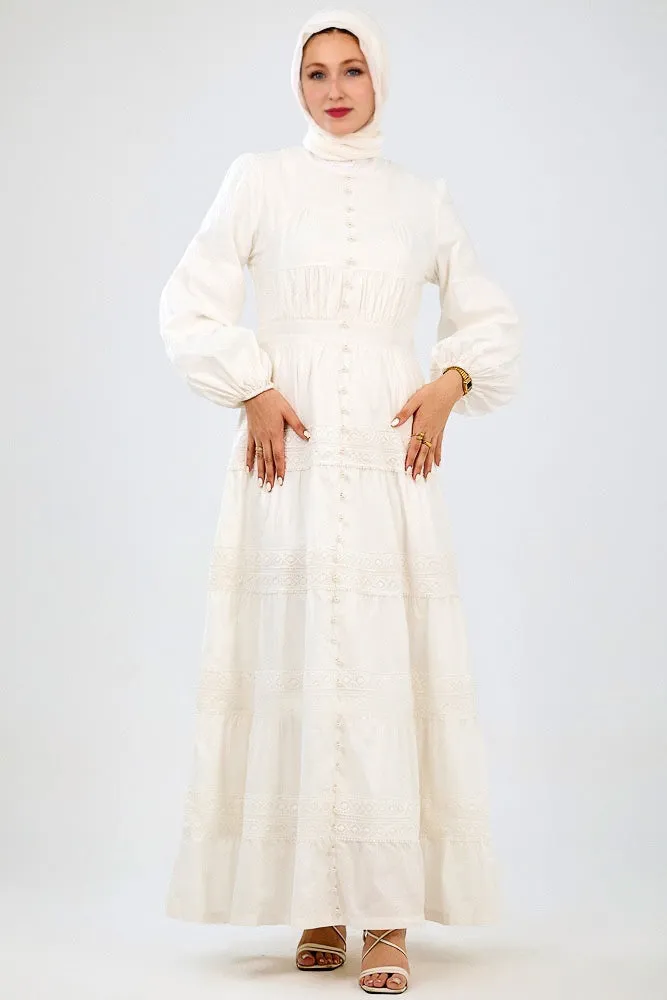 Manisa Long Sleeve Boho Maxi Dress with Delicate Mock Buttons and Lace Detail Skirt in White