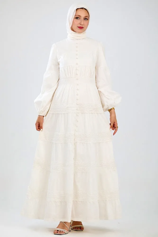 Manisa Long Sleeve Boho Maxi Dress with Delicate Mock Buttons and Lace Detail Skirt in White