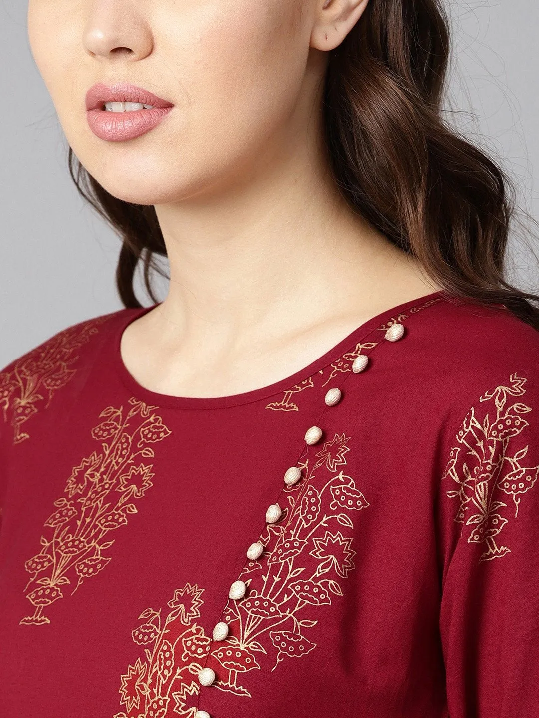 Maroon High-Low Gold Printed Kurta With Brown Printed Skirt