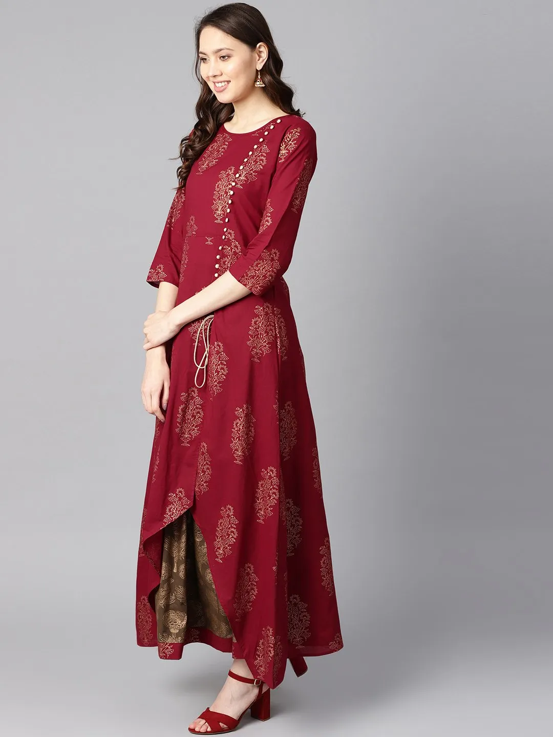 Maroon High-Low Gold Printed Kurta With Brown Printed Skirt