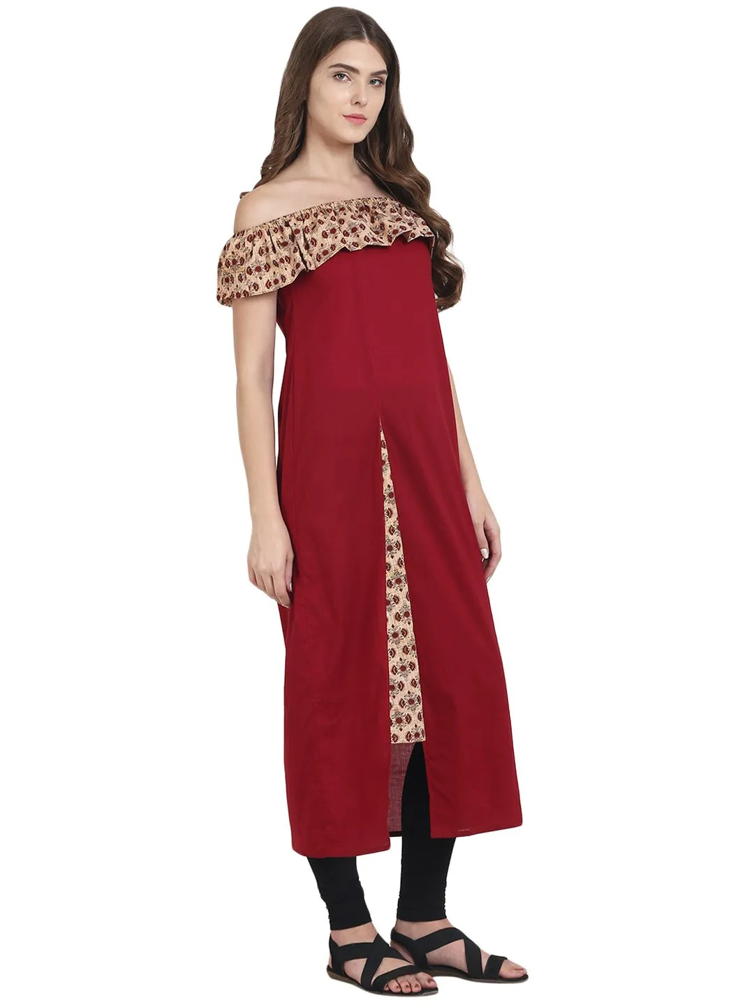 Maroon Off Shoulder Cotton Maxi Dress